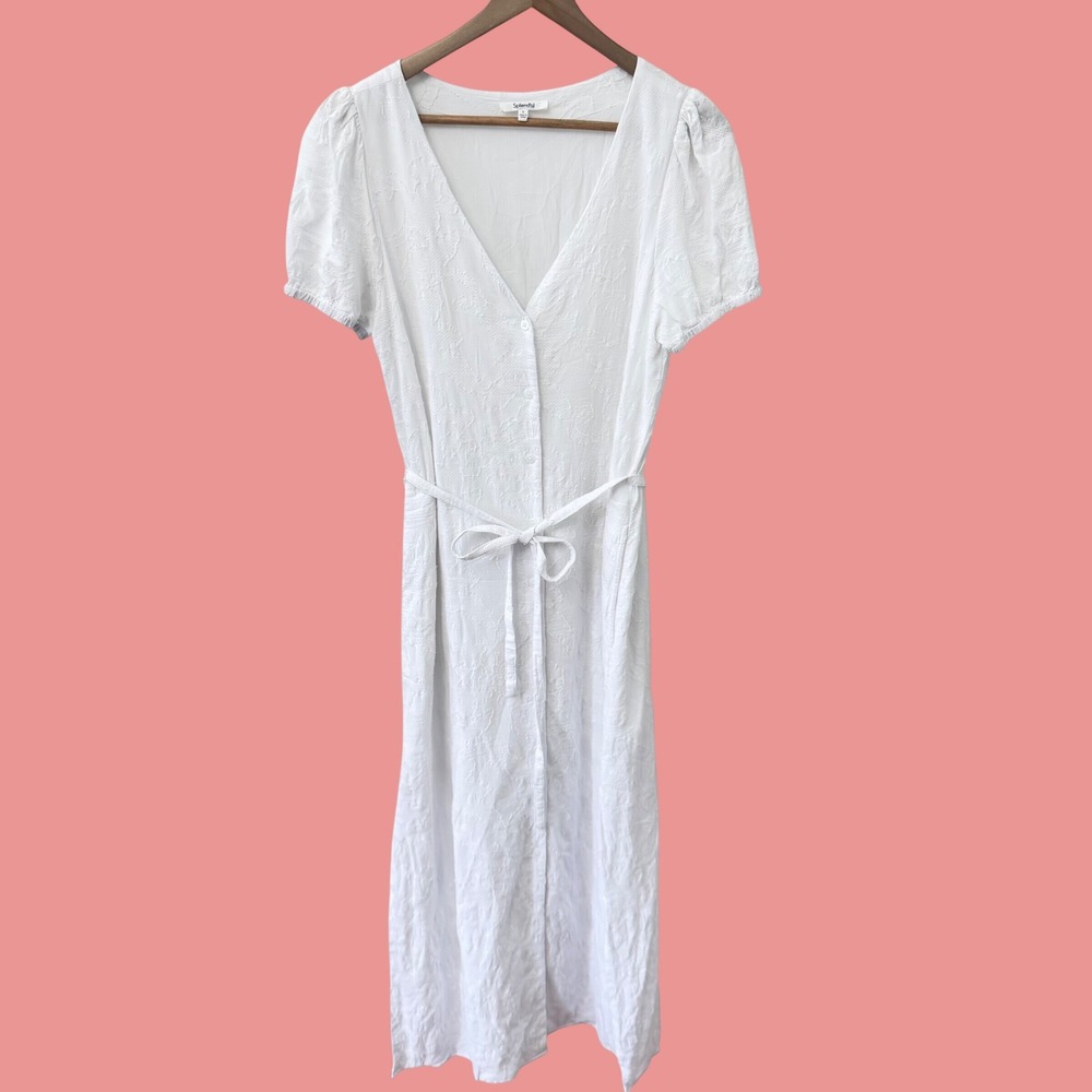 Splendid Midi Dress S White Floral Jacquard Button Front Puff Sleeve Cotton